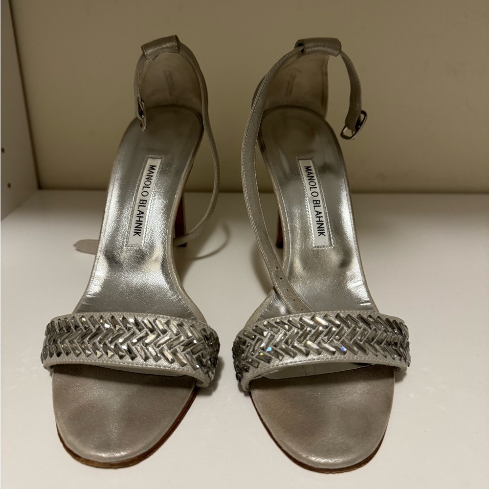 MANOLO BLAHNIK Suede Crystal Embellishments Sandals Size 38 1/2